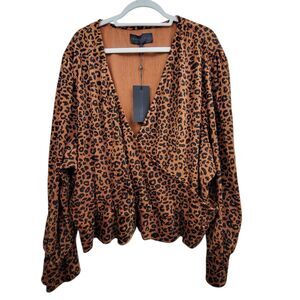 Kendall + Kylie Velvet Ribbed Leopard Print Wrap Top Balloon Sleeve Top Size 4X